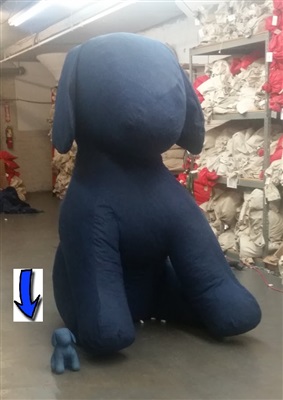 Giant dog made out of denim next to a smaller dog made out of denim.